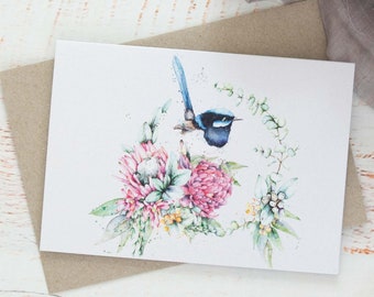 Fairy Wren Greeting Card, Watercolour Eco Friendly Card, Blank Inside