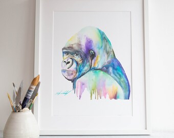 Gorilla Painting Giclee Print, Watercolour Animals Rainbow Gorilla Artwork, Orangutang Art, Beautiful Gorilla, Wall Art home decor nursery