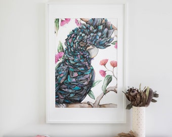 Black Cockatoo Print, Pink Native Flowers, Rainbow Cockatoo, Rainbow Watercolour Wall Art