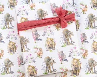 Wombat & Kangaroo Wrapping Paper Sheets, Australian Animals Wrapping Paper, White FSC Certified Gift Wrap, Scrapbooking Project