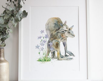 Kangaroo Print Watercolour, Kangaroo and Joey Illustration, Australian Animal Wall Art