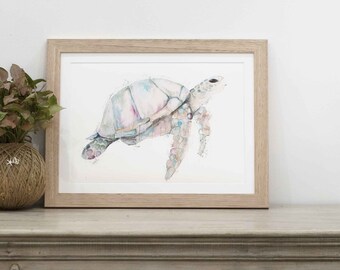 Ribbon Reef Sea Turtle Painting, Turtle Print Watercolour, Ocean Home Decor