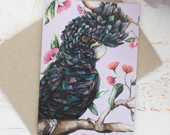 Black Cockatoo Greeting Card, Pink Cockatoo Eco Friendly Card, Blank Inside