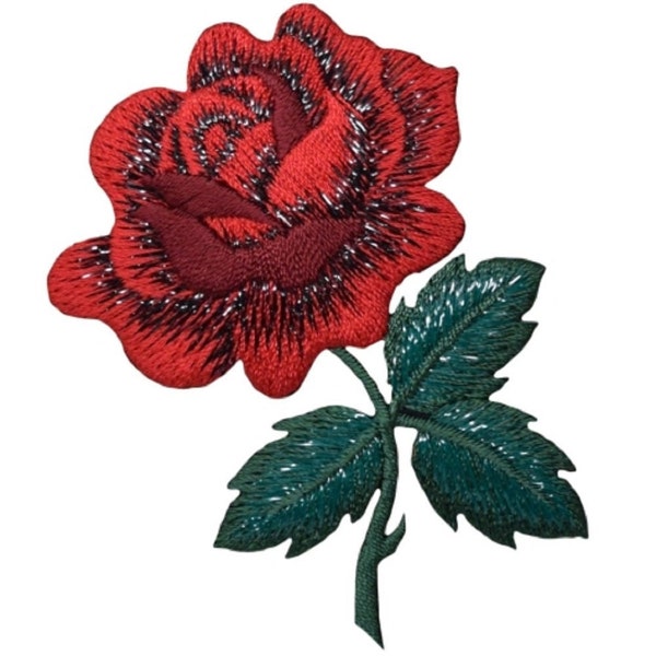 Red Rose Applique Patch - Leaves, Stem, Flower Badge 3-1/8" (Iron on)