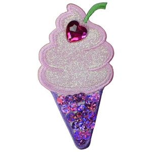 Large Ice Cream Cone Applique Patch - Heart Jewel Sequin Dessert 3.75&quot; (Iron on)