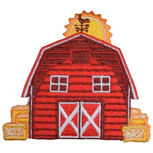 Red Barn Applique Patch - Embroidered Farmhouse & Rooster Weathervane Badge 3" (Iron on)