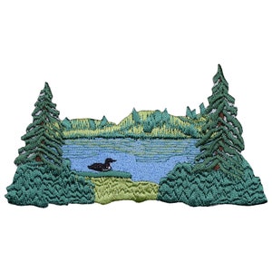 Lake Scene & Loon Applique Patch - Embroidered Pond Duck Trees Nature Badge 4" (Iron On)