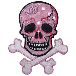 Pink Skull & Crossbones Applique Patch - Shimmery Embroidered Skeleton Badge 2.75" (Iron On)