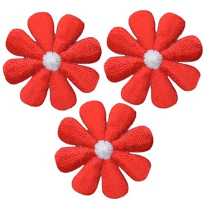 May include: Three identical embroidered flower patches, each featuring eight rounded red petals radiating from a small, textured white center. The embroidery thread creates a visible, dense, and slightly raised stitch pattern on each floral shape.