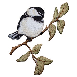 Chickadee Applique Patch - Embroidered Bird & Branch Badge 3.25" (Iron On)