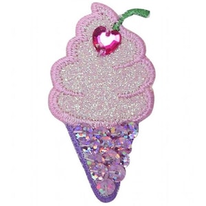 Ice Cream Applique Patch - Heart Jewel & Sequin Embroidered Glitter Badge 2.25" (Iron on)