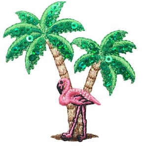 Sequin Flamingo & Palm Trees Applique Patch - Embroidered Tropical Decorative Badge 2.25" (Iron On)