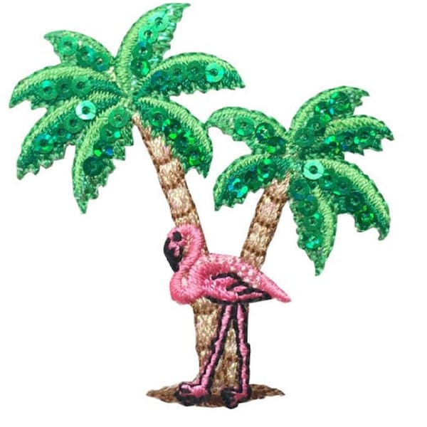 Flamingo Palm Trees Applique Patch - Tropical Pink Waterfowl Bird 2.25" (Iron on)