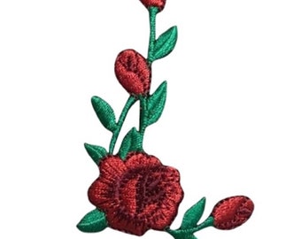 Red Rose Applique Patch - Facing Right, Flower Bloom Badge 2-3/8" (Iron on)