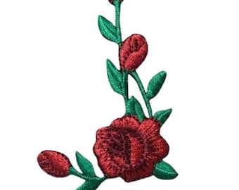 Red Rose Applique Patch - Facing Left, Flower Bloom Badge 2-3/8" (Iron on)