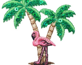 Flamingo Palm Trees Applique Patch - Tropical Pink Waterfowl Bird 2.25" (Iron on)