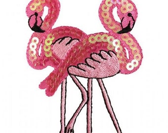 Flamingo Applique Patch - Pair of Pink Sequin Waterfowl Birds 3-1/4" (Iron on)