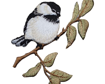 Chickadee Bird Applique Patch - Branch, Leaves 3.25" (Iron on)