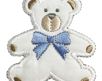 Teddy Bear Applique Patch - Blue Bow Stuffed Animal Badge 2-3/8" (Iron on)