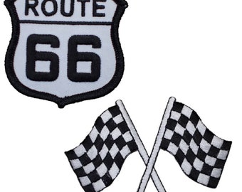 Route 66 & Checkered Racing Flags Patch Set - Rt. 66 Muscle Car Racing Badges (2-Pack, Iron on)
