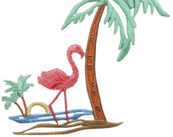 Flamingo Palm Trees Applique Patch - Tropical Pink Waterfowl Bird 3.5" (Iron on)