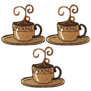 May include: Three brown embroidered iron-on patches of a coffee cup and saucer with a steam curl design.
