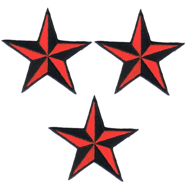 Nautical Star Applique Patch - Red and Black Tattoo Badge 1.5" (3-Pack, Iron on)