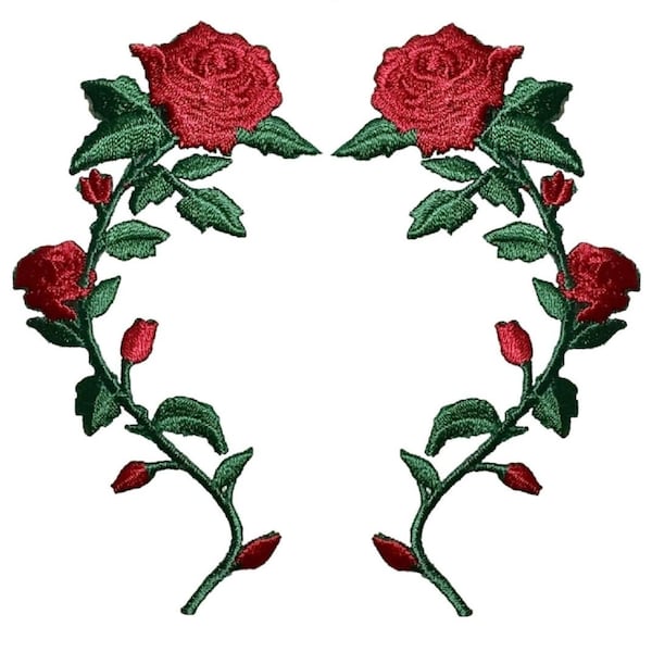 Red Rose Applique Patch Set - Love, Flower Badge 3.5" (2-Pack, Iron on)