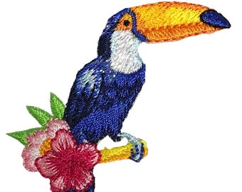 Toucan Applique Patch - Tropical Flowers, Bird Badge 2.25" (Iron on)