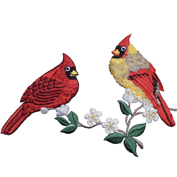 Patch appliqué deux oiseaux cardinaux - branche, fleurs 5,25" (fer à repasser)