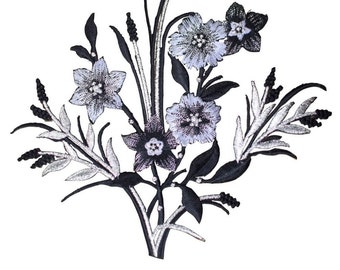 Large Flower Arrangement Applique Patch - Silver Black White 6-3/8" (Iron on)