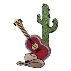 Cactus Guitar Cowboy Hat Applique Patch - Embroidered Country Music Badge 3.25" (Iron On)