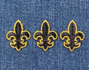 Fleur De Lis Applique Patch 3-Pack: Black & Metallic Gold Embroidered Badge 1-1/8"