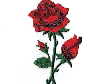 Red Rose Applique Patch - Roses, Buds, Flower, Gardening Badge 4.75" (Iron on)