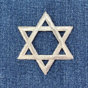 ダビデの星アップリケパッチ - 刺繍メタリックシルバーバッジ 2インチ (アイロン接着)