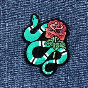 Snake & Rose Applique Patch - Embroidered Flower Reptile Badge 2.5" (Iron On)