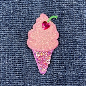 Ice Cream Applique Patch - Heart Jewel & Sequin Embroidered Glitter Badge 2.25" (Iron on)