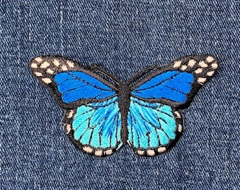 Blue Butterfly Applique Patch - Embroidered Insect Badge 2-7/8&quot; (Iron On)