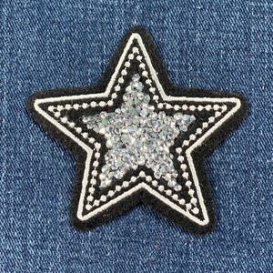 Crushed Crystal Star Applique Patch: Black, White & Silver (2-7/8", Iron On)