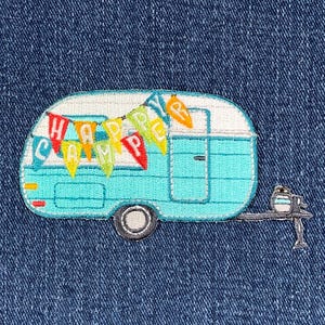 Happy Camper Applique Patch - Retro Travel Trailer RV Camping Embroidered Badge 3-3/4&quot; (Iron On)