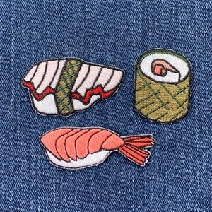 Sushi Applique Patch Set: Embroidered Ebi Tako Roll Badges (Iron On)
