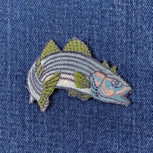 Striped Bass Fish Applique Patch - Embroidered Fishing Badge 2&quot; (Iron On)