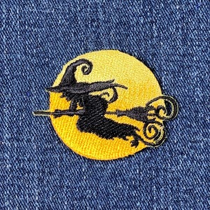 Witch Riding A Broomstick Applique Patch - Full Moon Embroidered Halloween Badge 2" (Iron On)