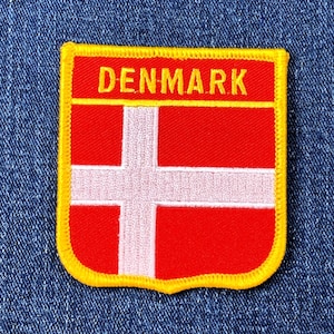 Denmark Patch - Embroidered Flag Shield Badge 2.75" (Iron Or Sew On)