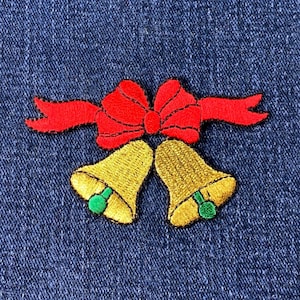 Christmas Bells Applique Patch - Embroidered Holiday Badge 3-1/8&quot; (Iron On)