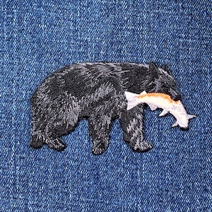 Black Bear Applique Patch - Salmon Fish Embroidered Badge 3-1/8" (Iron on)