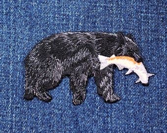 thumbnail image 2 of Cartoon Iron On Patches Black Bear Applique Patch - Salmon Fish Embroidered Badge 3-1/8\" (Iron - Patch P Fish Patch 2 of 9