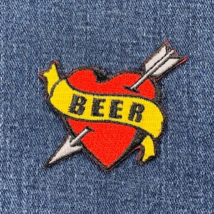 Beer Patch - Embroidered Heart Tattoo Style Badge 2.25" (Iron On)