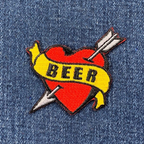 Beer Patch - Embroidered Heart Tattoo Style Badge 2.25" (Iron On)