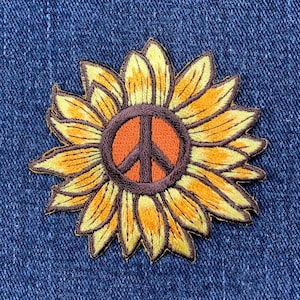 Sonnenblume Applikation Patch - Gestickte Blume & Peace Zeichen Abzeichen 6,5 cm (Eisen auf)